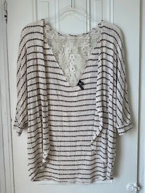 Heart Soul Ivory Striped Knit Top with Lace Back